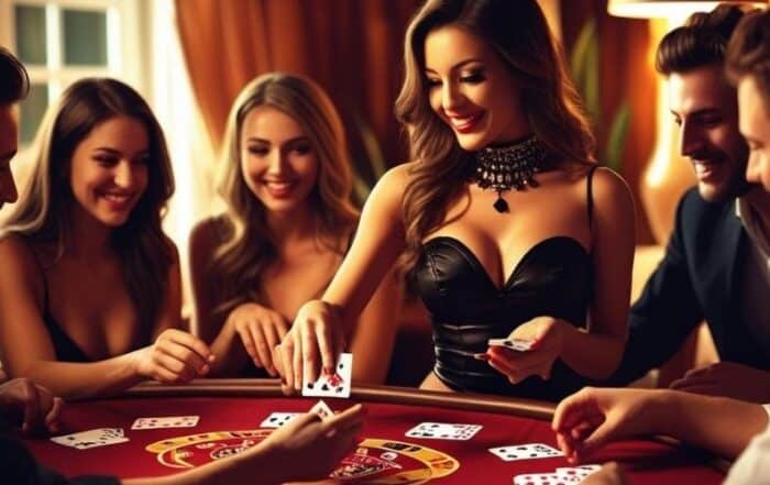 Exotic dancer dealing cards at a strip poker bachelor party in Miami house setting