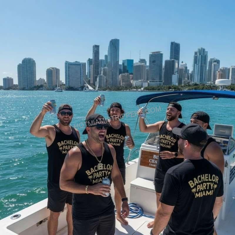 Bachelor party group on a charter boat in Biscayne Bay with the Miami skyline