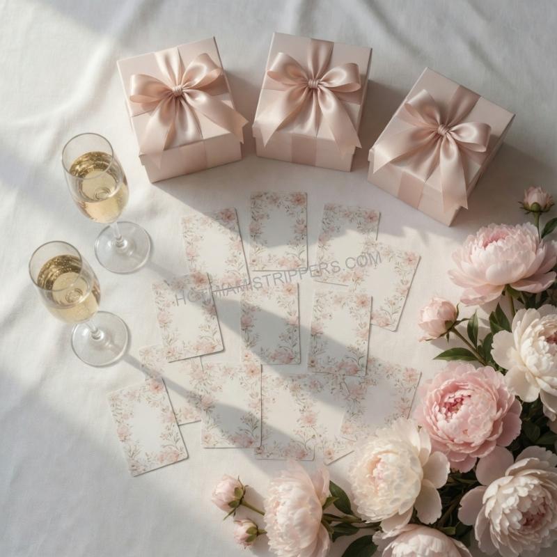 Bridal shower game cards, wrapped prizes and champagne arranged on a white table