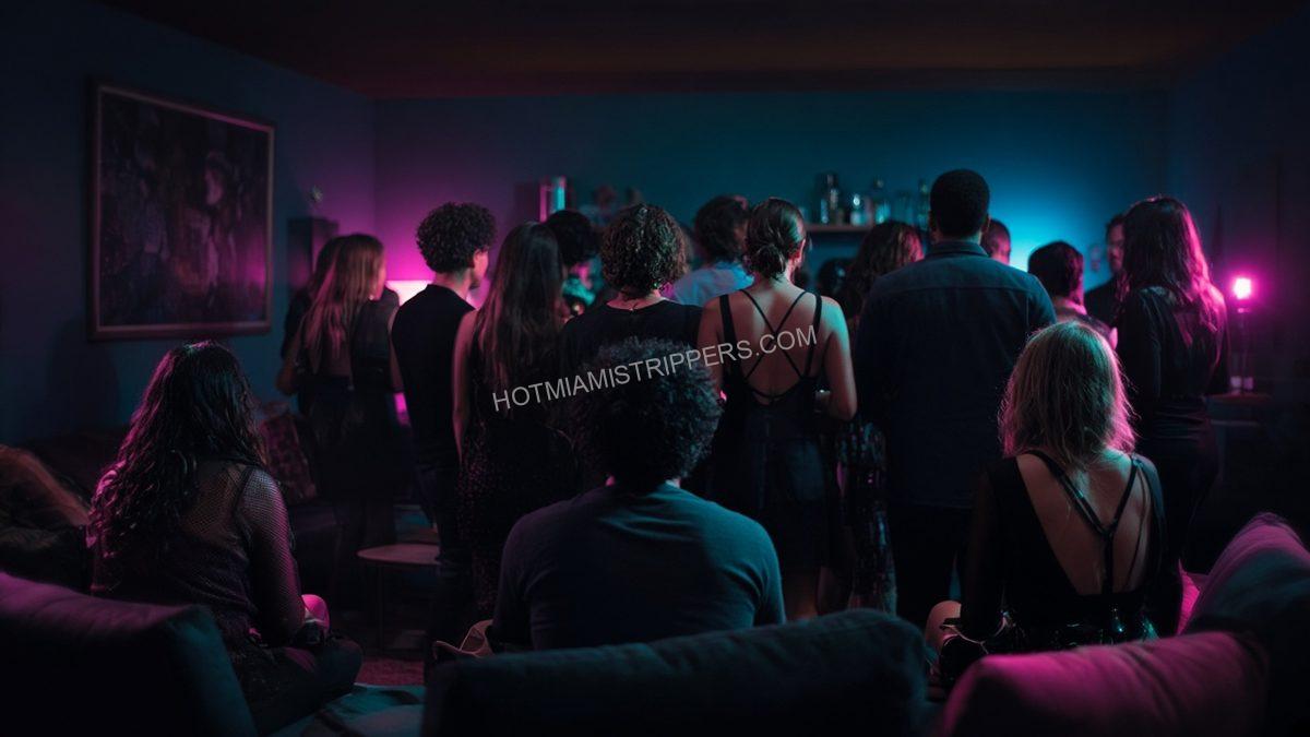 guests seen from behind in a living room during a house gathering