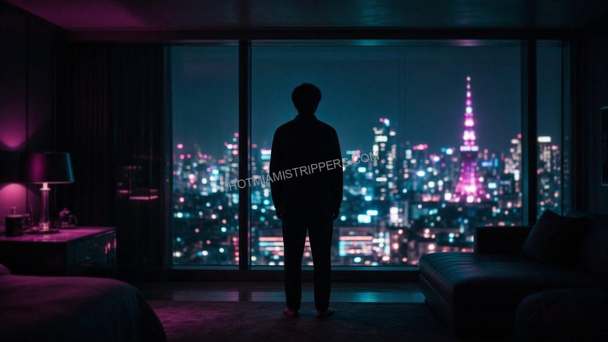 silhouette of a person at a hotel suite window at night, back to camera