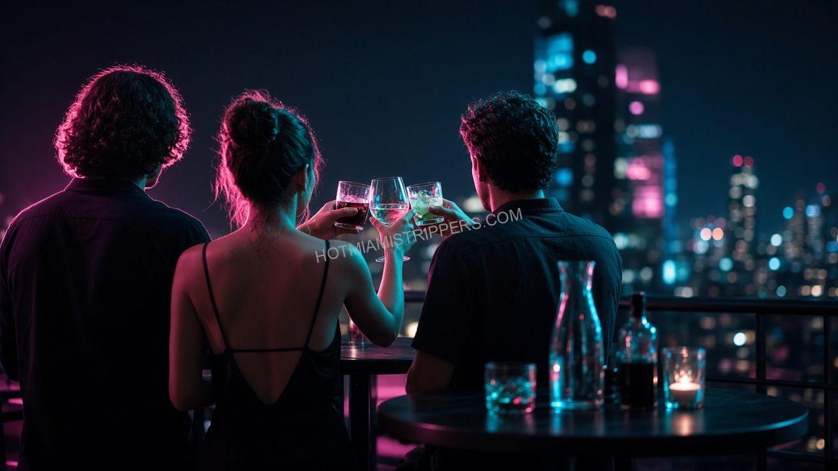three people seen from behind toasting drinks at a high-top table at night