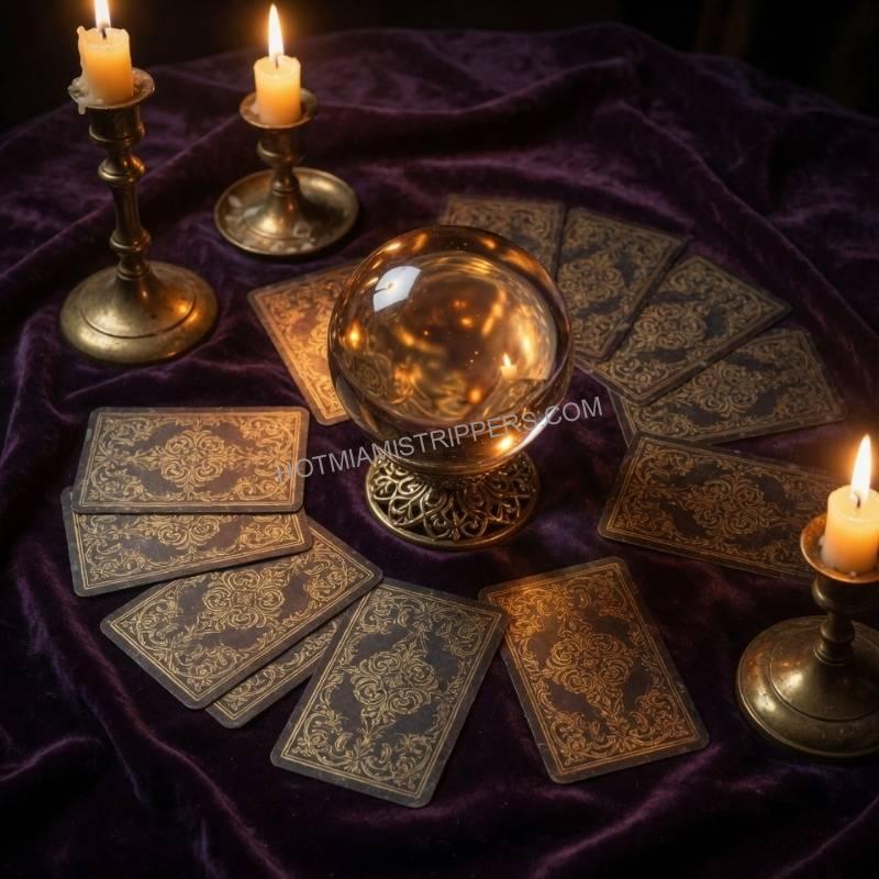 Crystal ball and tarot card spread on a purple velvet table lit by candlelight at a Miami party