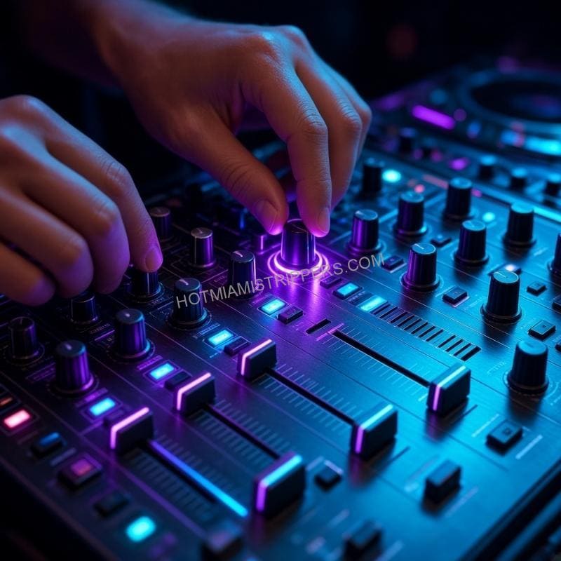 Close-up of a DJ mixer and controller lit with purple and cyan neon at a Miami party
