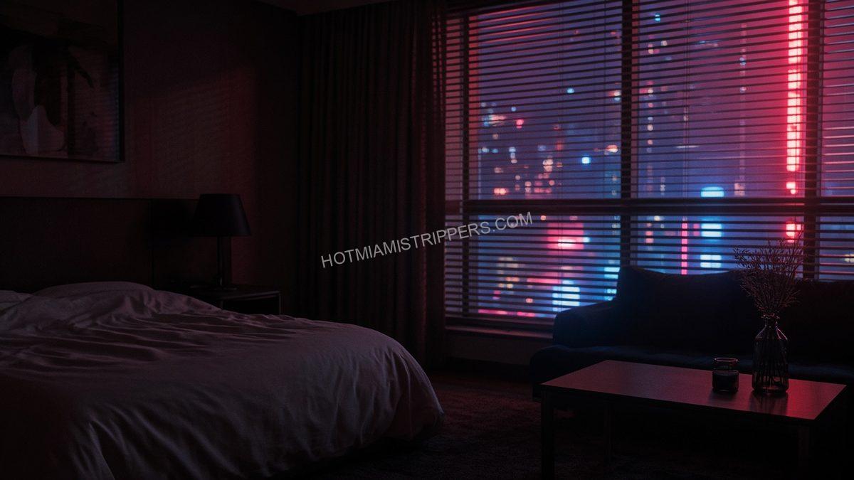 empty hotel suite at night with neon through the blinds
