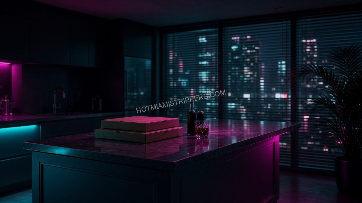 empty kitchen island late at night with takeout and drinks, city light through blinds