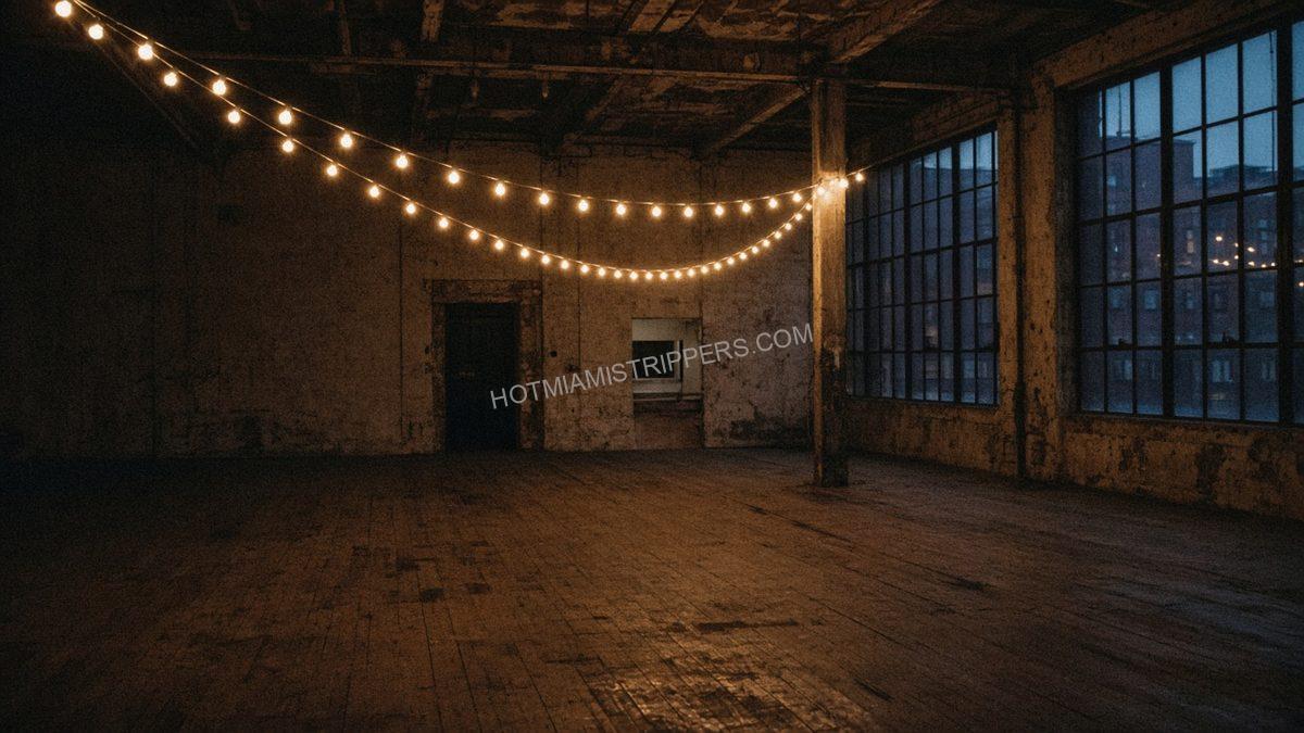 empty loft party space with string lights and a bare floor