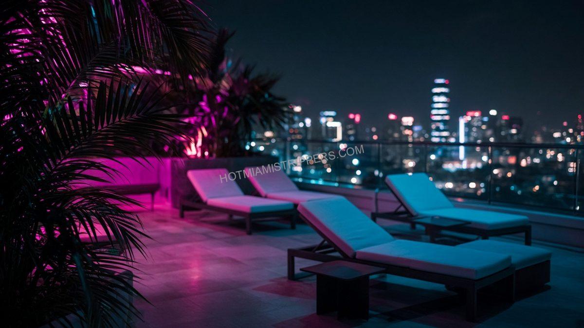 empty rooftop terrace at night with lounge chairs and palm fronds