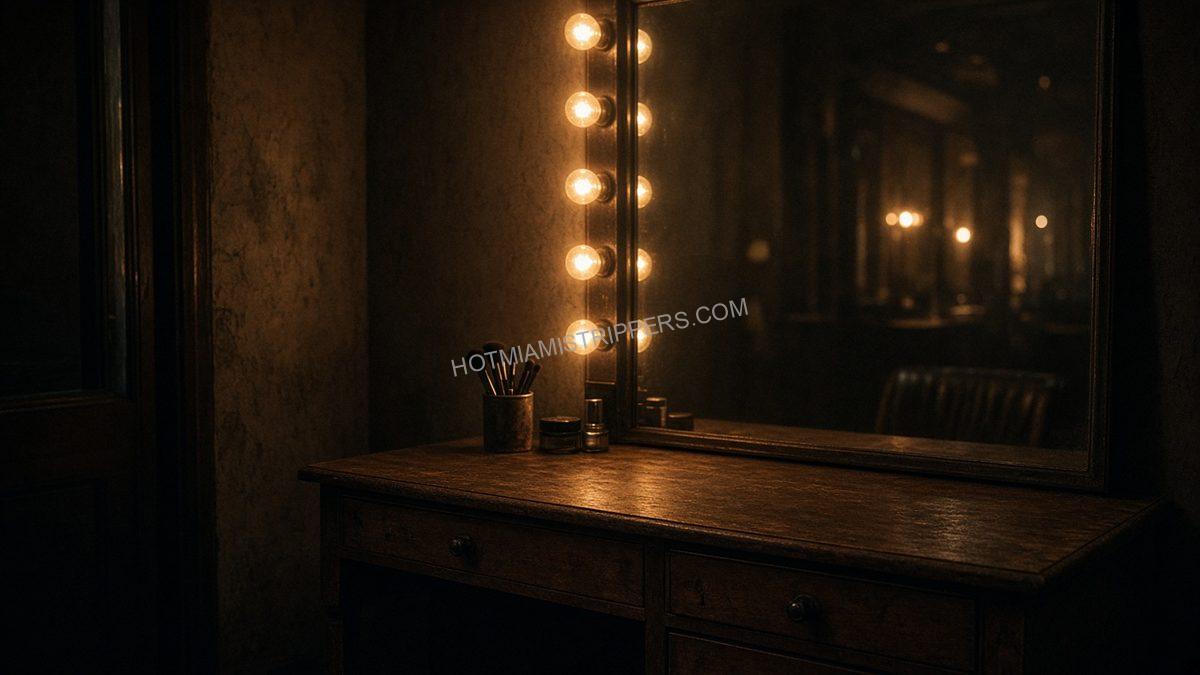empty vanity table with a mirror and warm bulbs