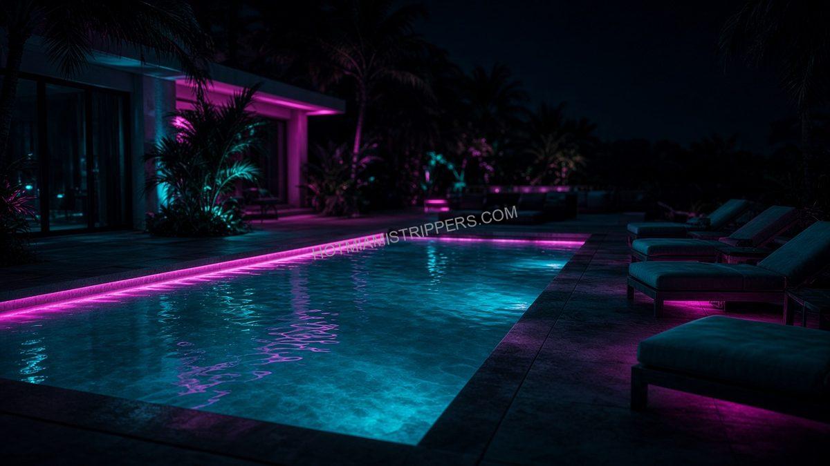 empty villa pool at night with lounge chairs and neon light on the water