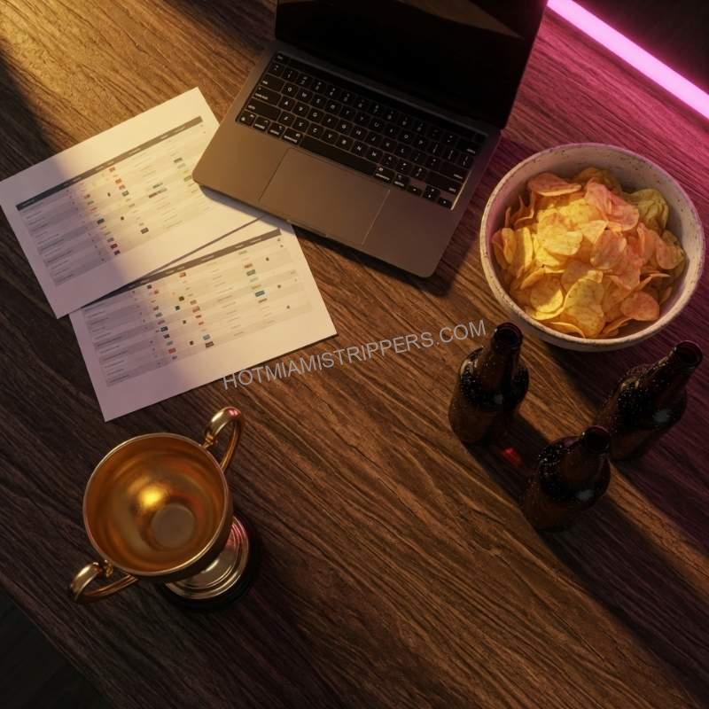 Draft party table with printed cheat sheets, a laptop, drinks and a trophy set up for a Miami fantasy football draft
