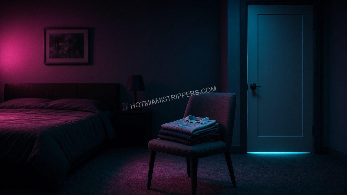 empty guest bedroom with street clothes on a chair and a closed bathroom door