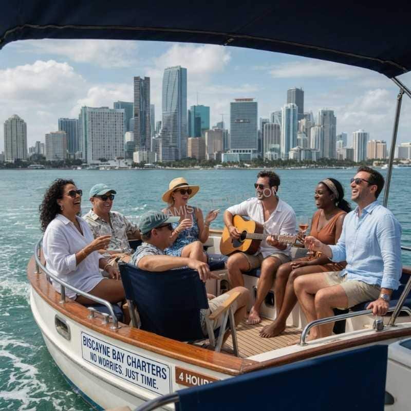 Group on a charter boat on Biscayne Bay with the Miami skyline in the background