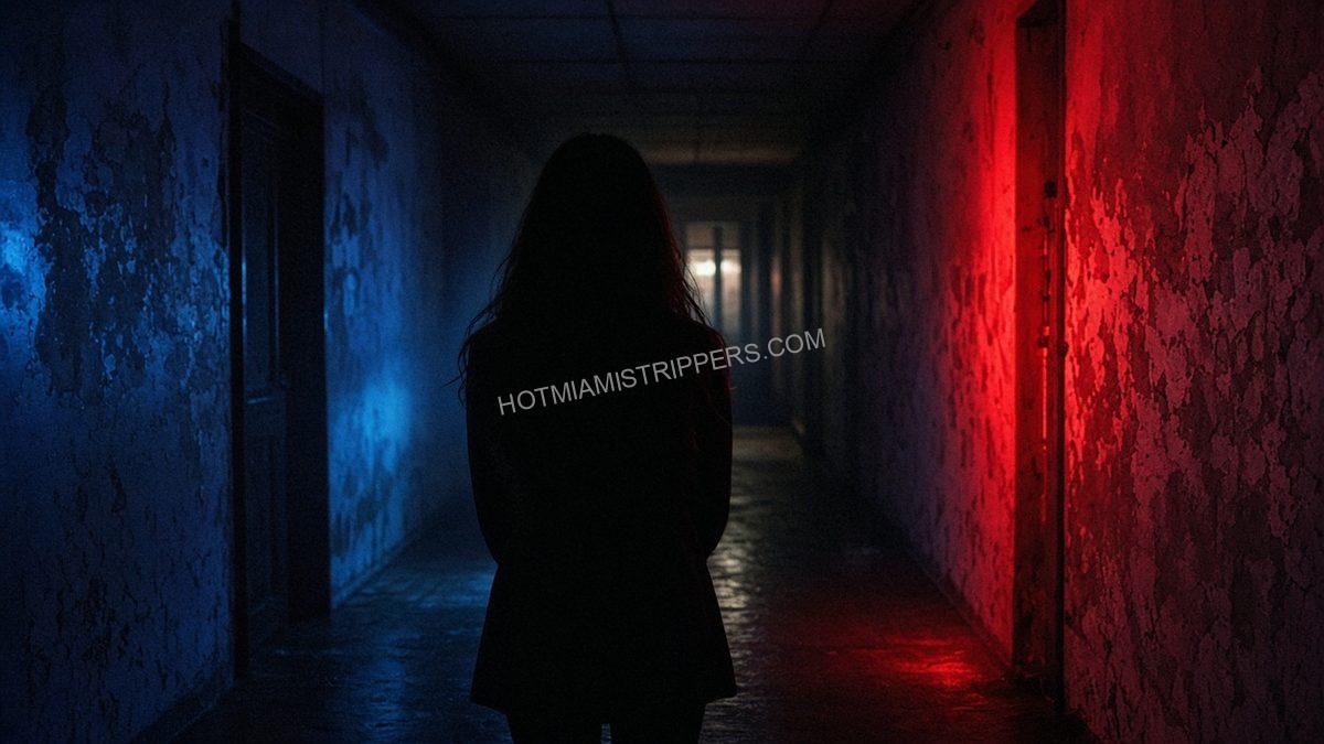 rear-view silhouette of a person in a hallway with neon spill