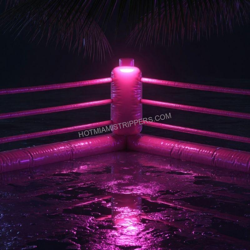 Neon-lit inflatable wrestling ring set up in a Miami backyard at night