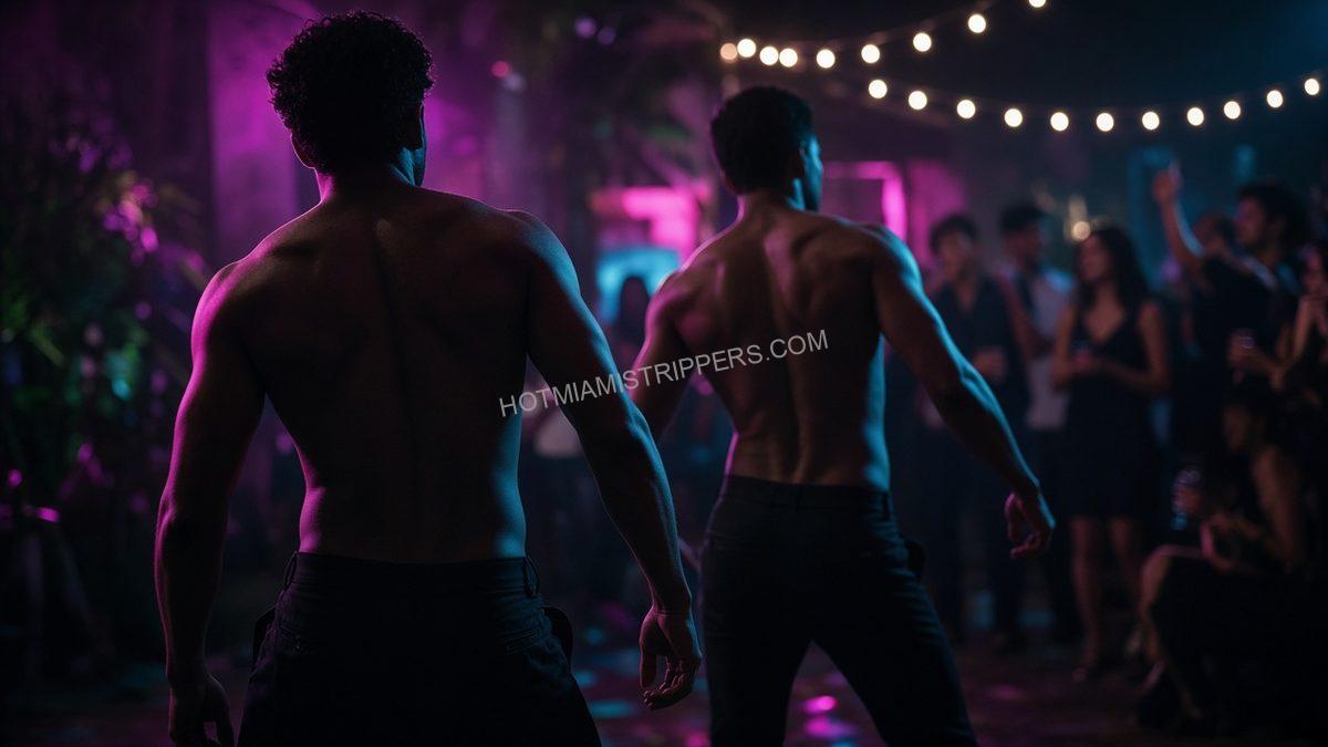 two male dancers performing with their backs to the camera at a house party