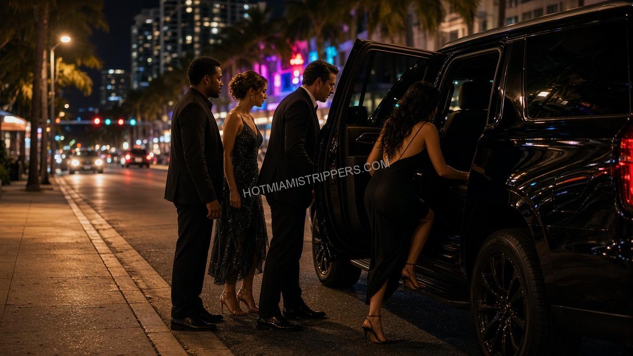 Two couples in evening clothes getting into a black SUV on a Miami street at night