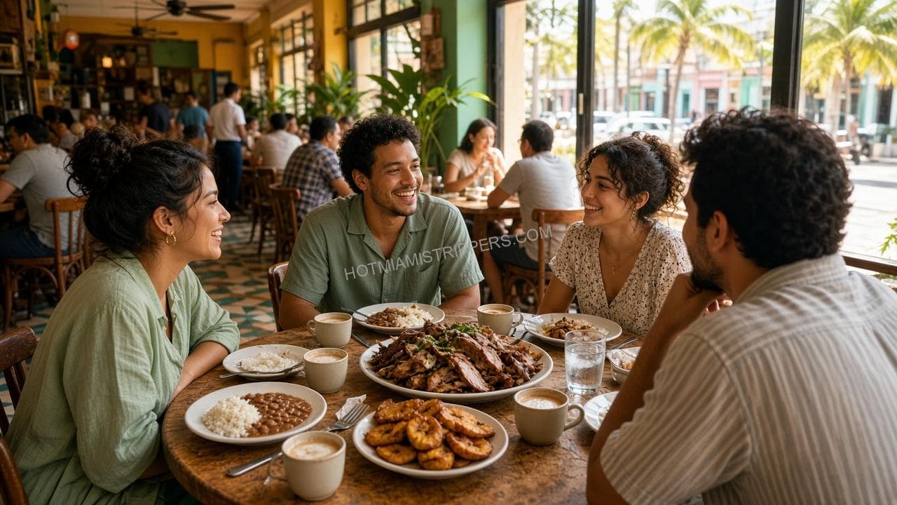 Friends eating roast pork, rice, plantains, and coffee at a sunny Miami Cuban restaurant