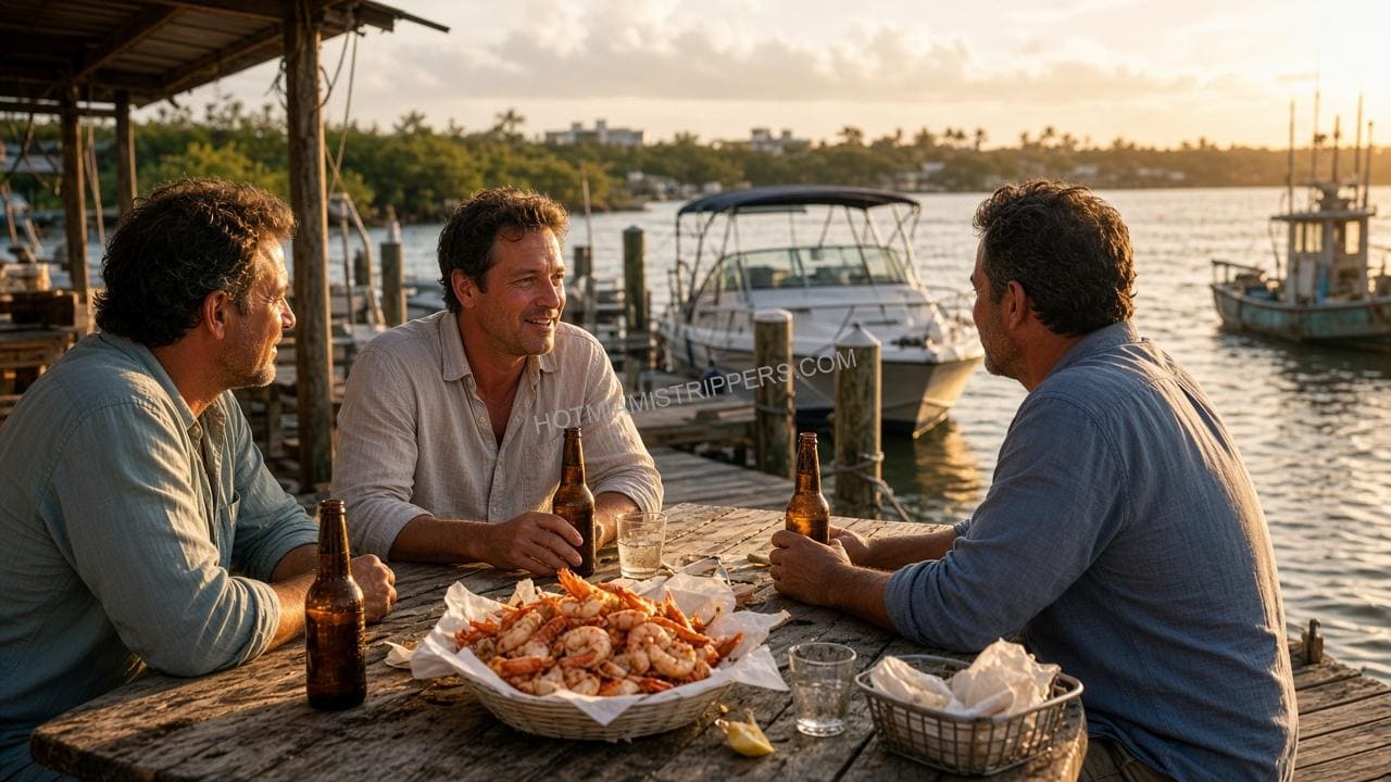 Three men eating peel-and-eat shrimp and beers at a wooden dockside table with boats behind them