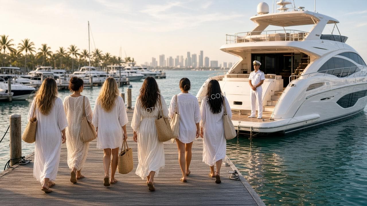 Six women in white cover-ups walking down a Miami marina dock toward a yacht where a captain waits