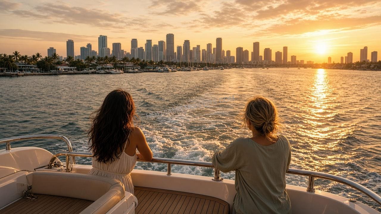 Two women at the stern of a yacht watching the Miami skyline at sunset as the boat leaves a wake