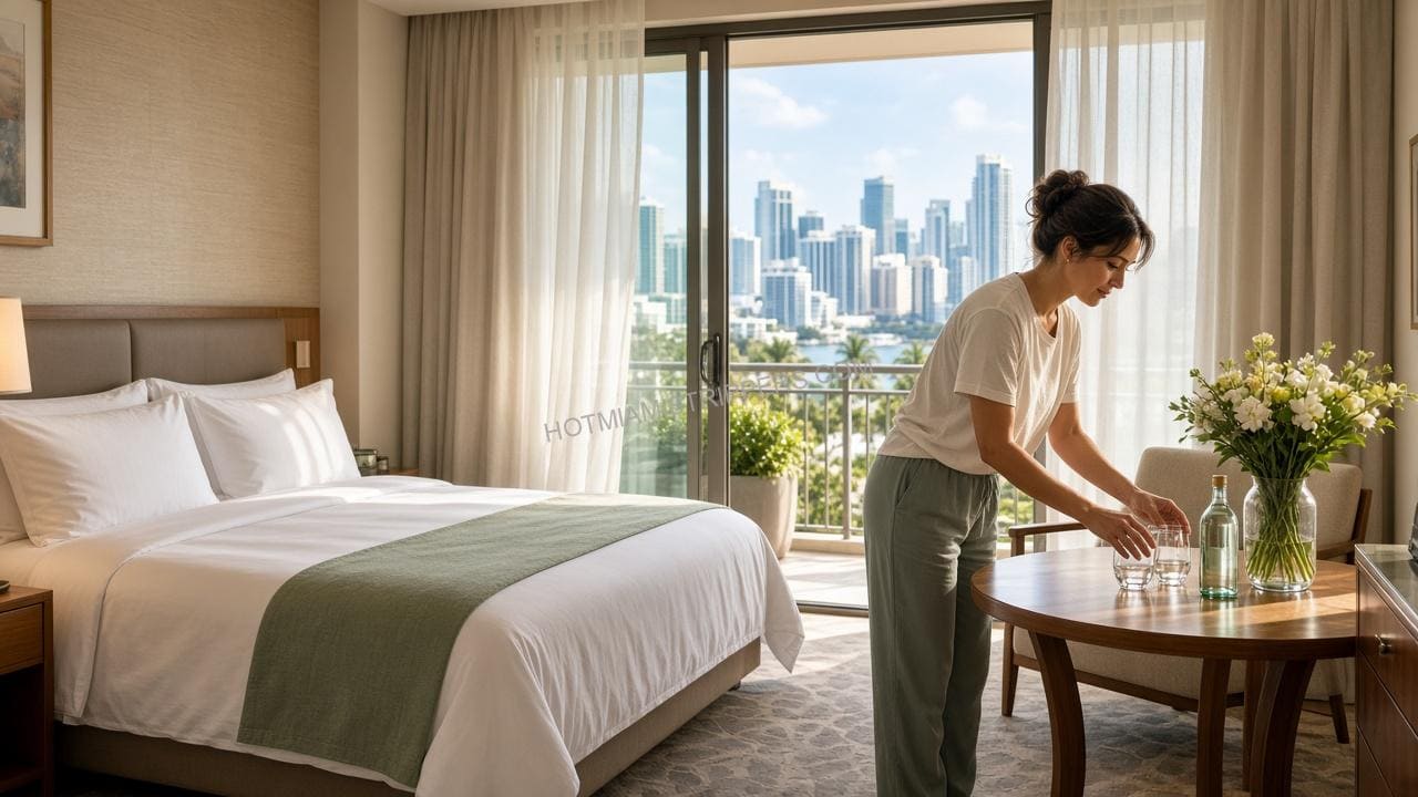 Woman setting glasses on a table in a bright Miami hotel suite with the city skyline beyond the balcony