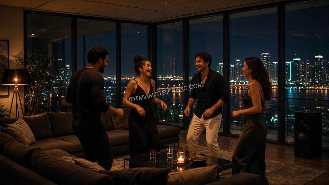 Friends dancing in a Miami penthouse living room at night with city lights through the windows