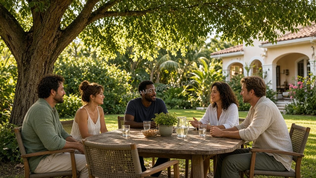 Five friends talking around a wooden table in a shady Coral Gables backyard