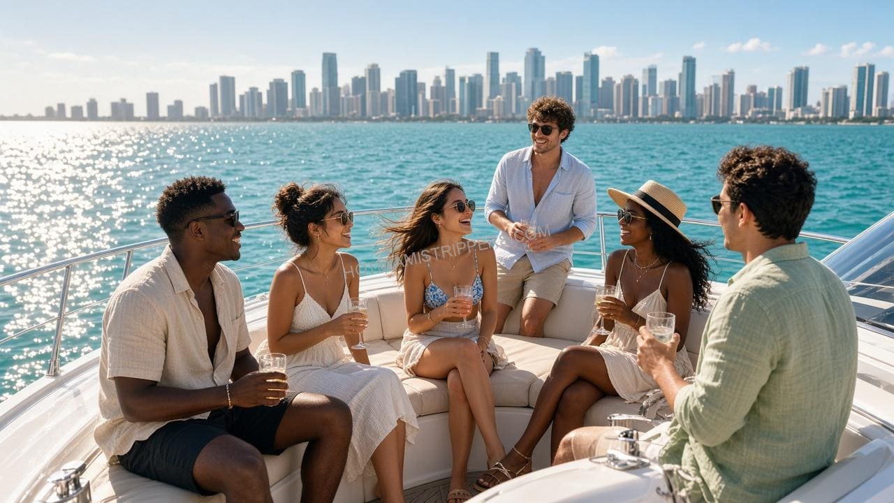 Friends celebrating on a yacht in Biscayne Bay with the Miami skyline in the background
