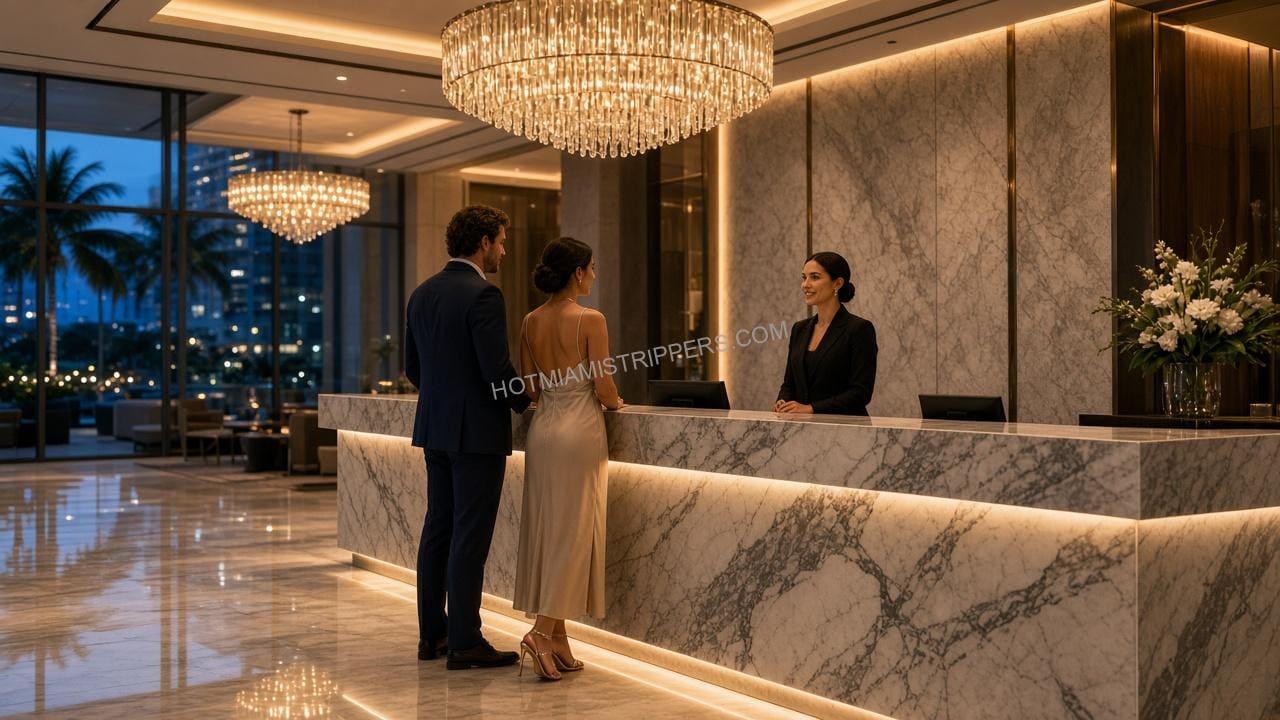 Couple speaking with a hotel receptionist at a marble front desk in a Miami lobby