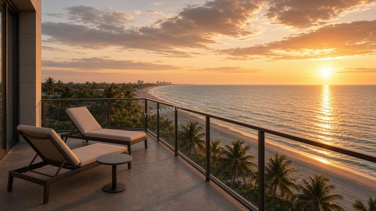 Two lounge chairs on a Miami Beach hotel balcony facing the ocean at sunset