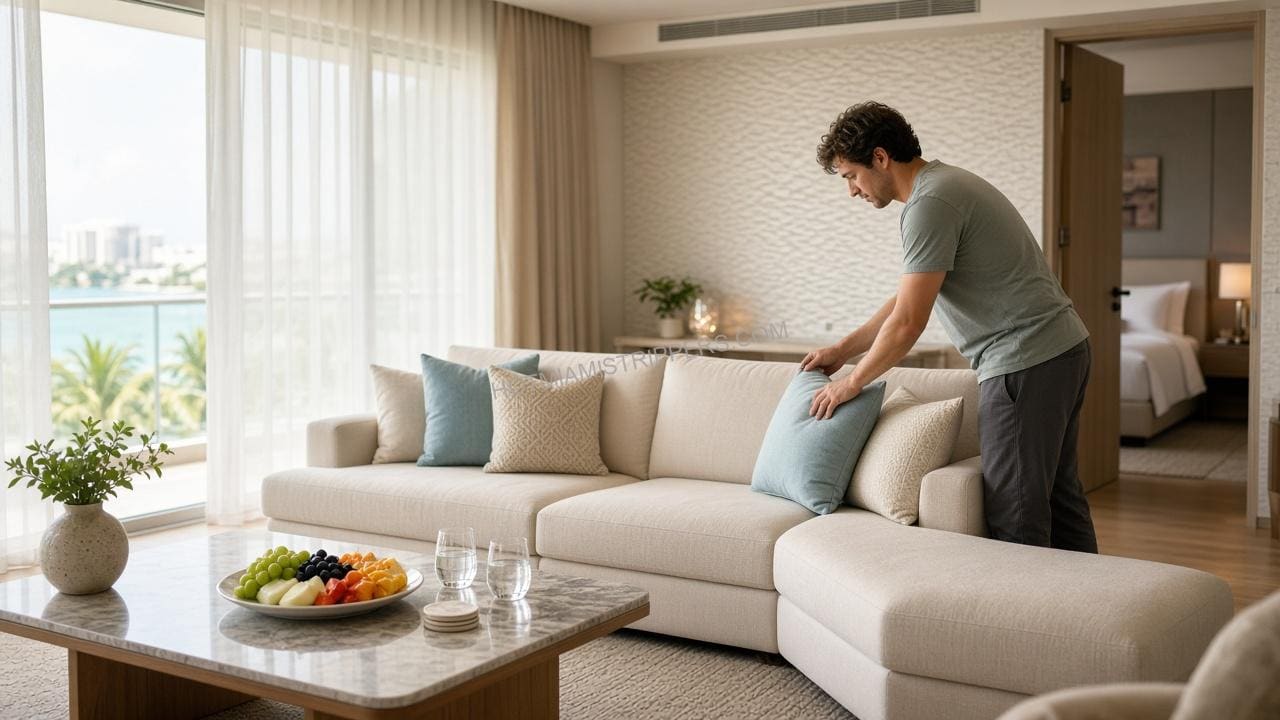Man arranging pillows on a sofa in a bright Miami hotel suite living room with fruit and water on the coffee table