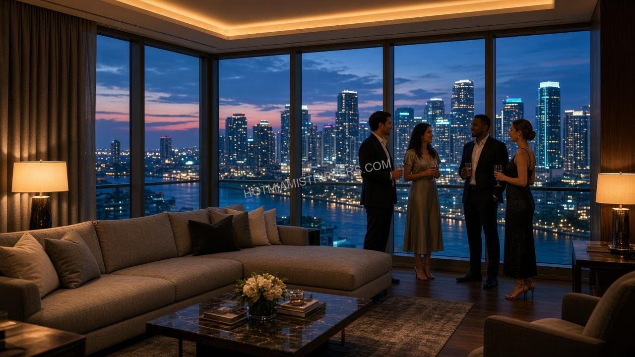 Four well-dressed guests talking with drinks in a Miami hotel suite living room at twilight, city skyline through the windows