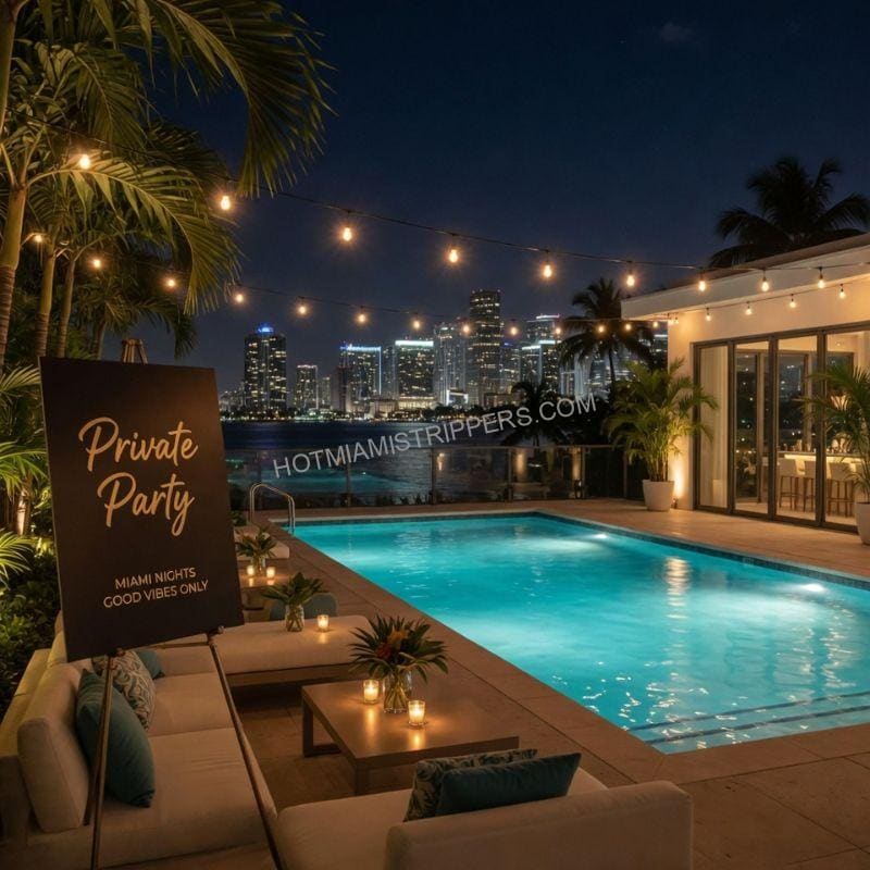 Private party setup at a Miami rental with a pool and skyline view at night