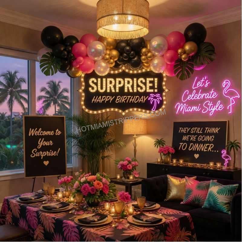 Miami surprise birthday party setup with decorations at a private rental
