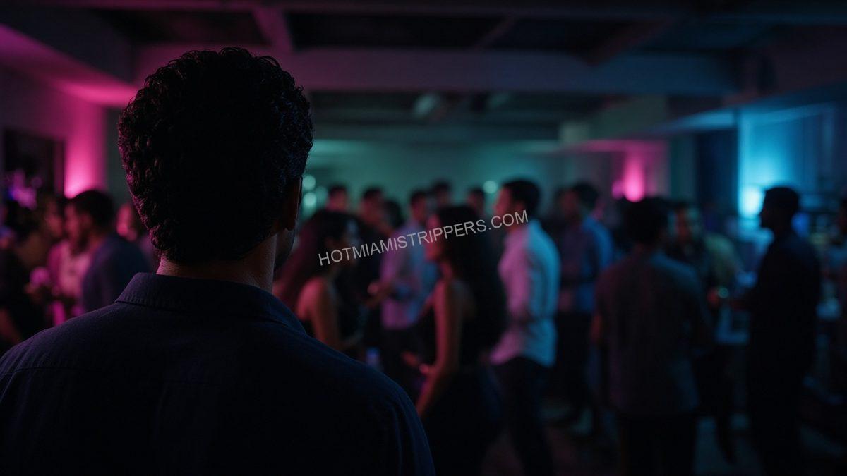 man in a dark shirt seen from behind at a house gathering at night