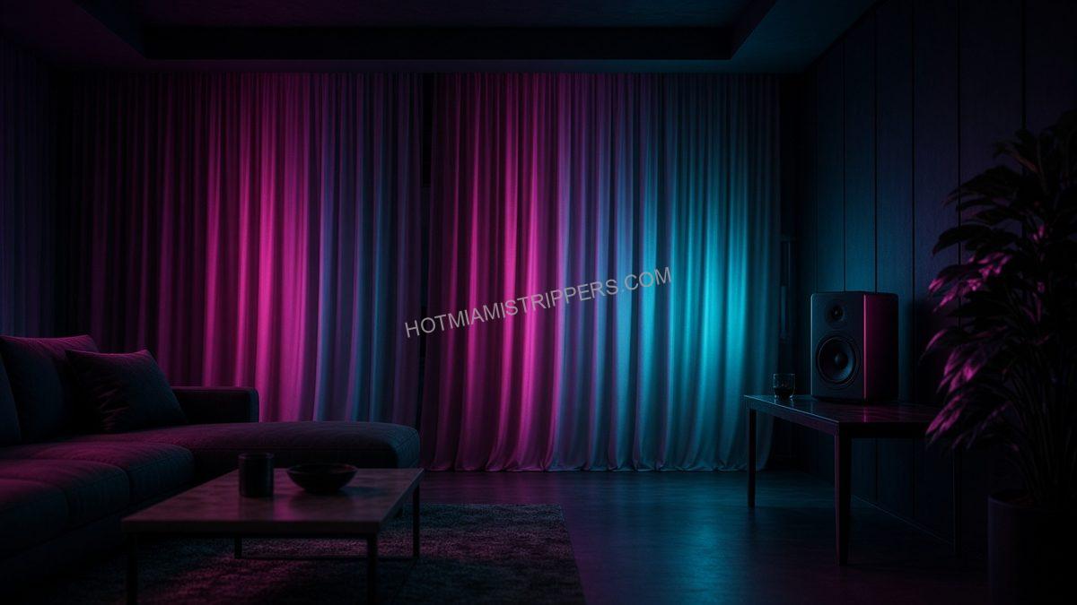 living room at night with curtains drawn over large windows and a speaker on a side table