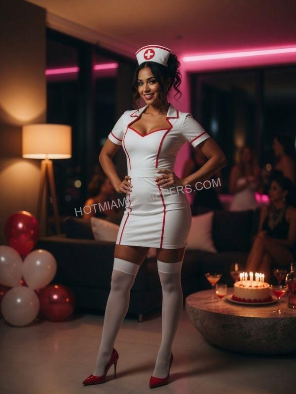 Female birthday stripper in a nurse costume performing at a Miami house party