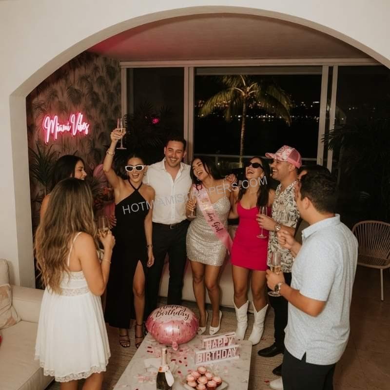 Miami birthday group celebrating together at a private rental after a night out