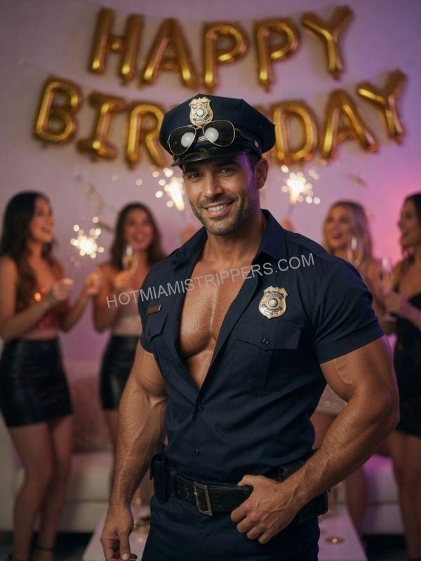 Male birthday party stripper in a police costume at a Miami birthday celebration
