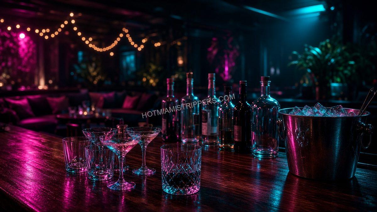 empty private-party bar with bottles, glasses and string lights
