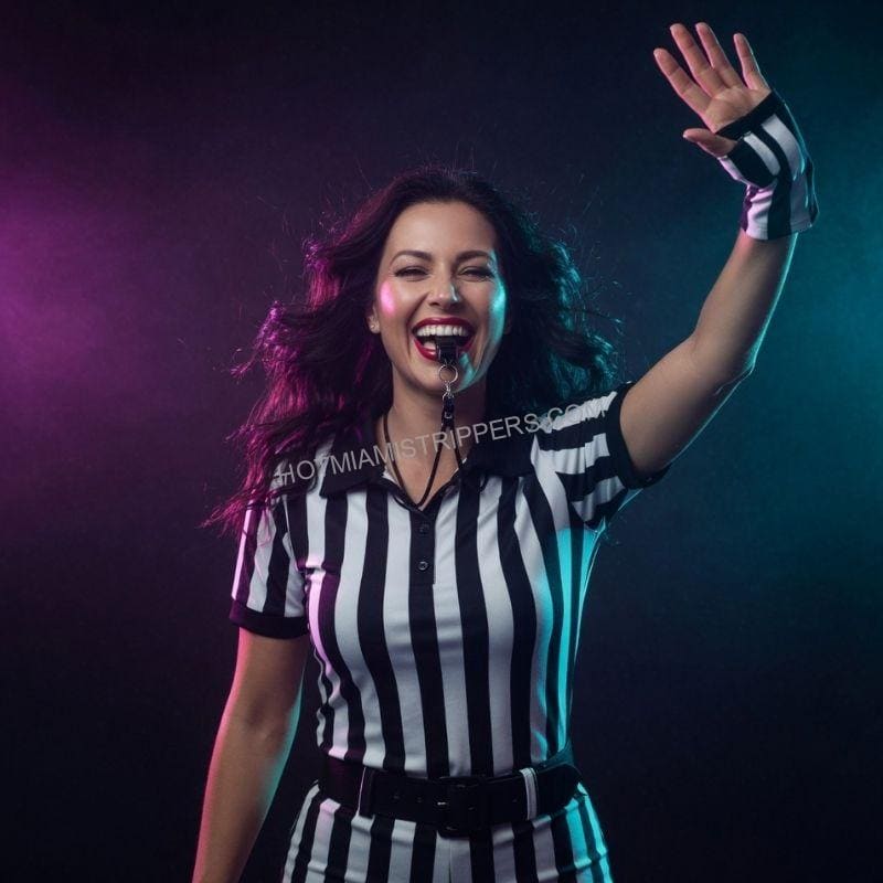 Dancer in a black and white striped referee outfit blowing a whistle at a Miami party