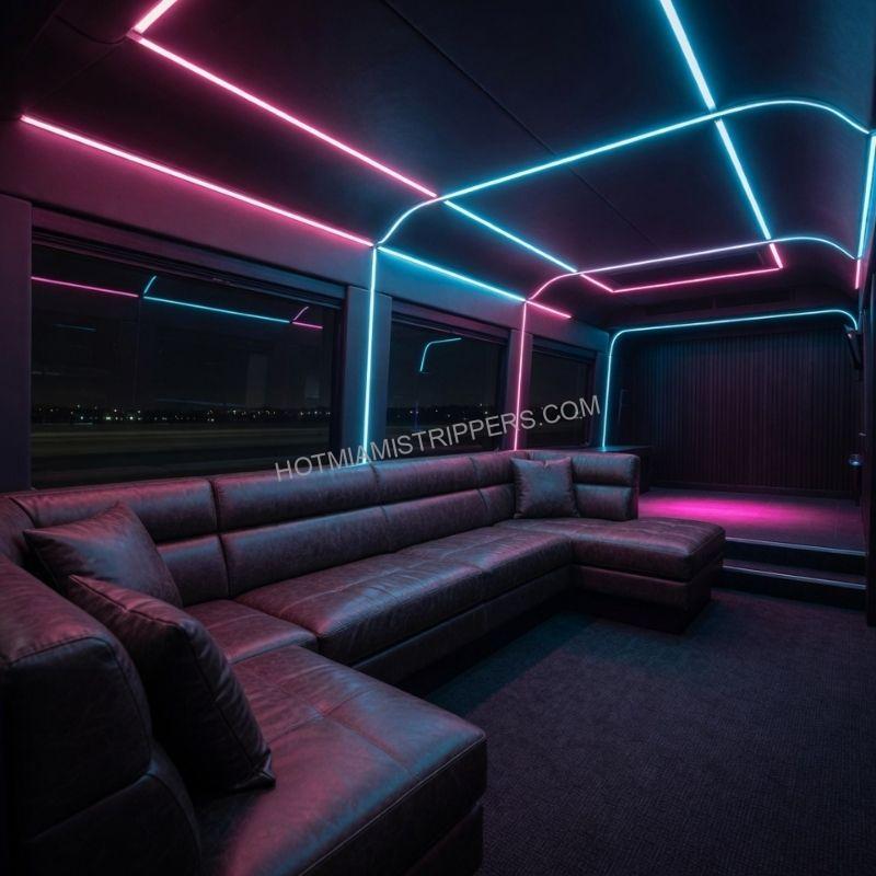 Neon-lit interior lounge of a luxury RV set up for a private show in Miami