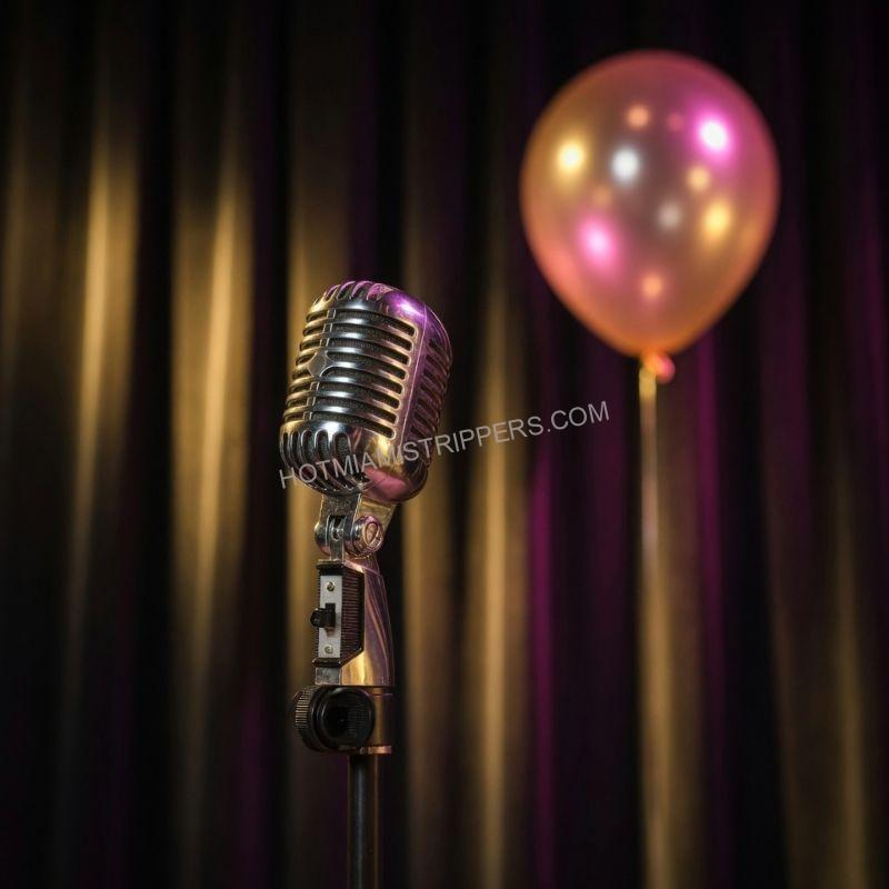 Vintage microphone lit with gold and pink stage lighting for a Miami singing telegram booking