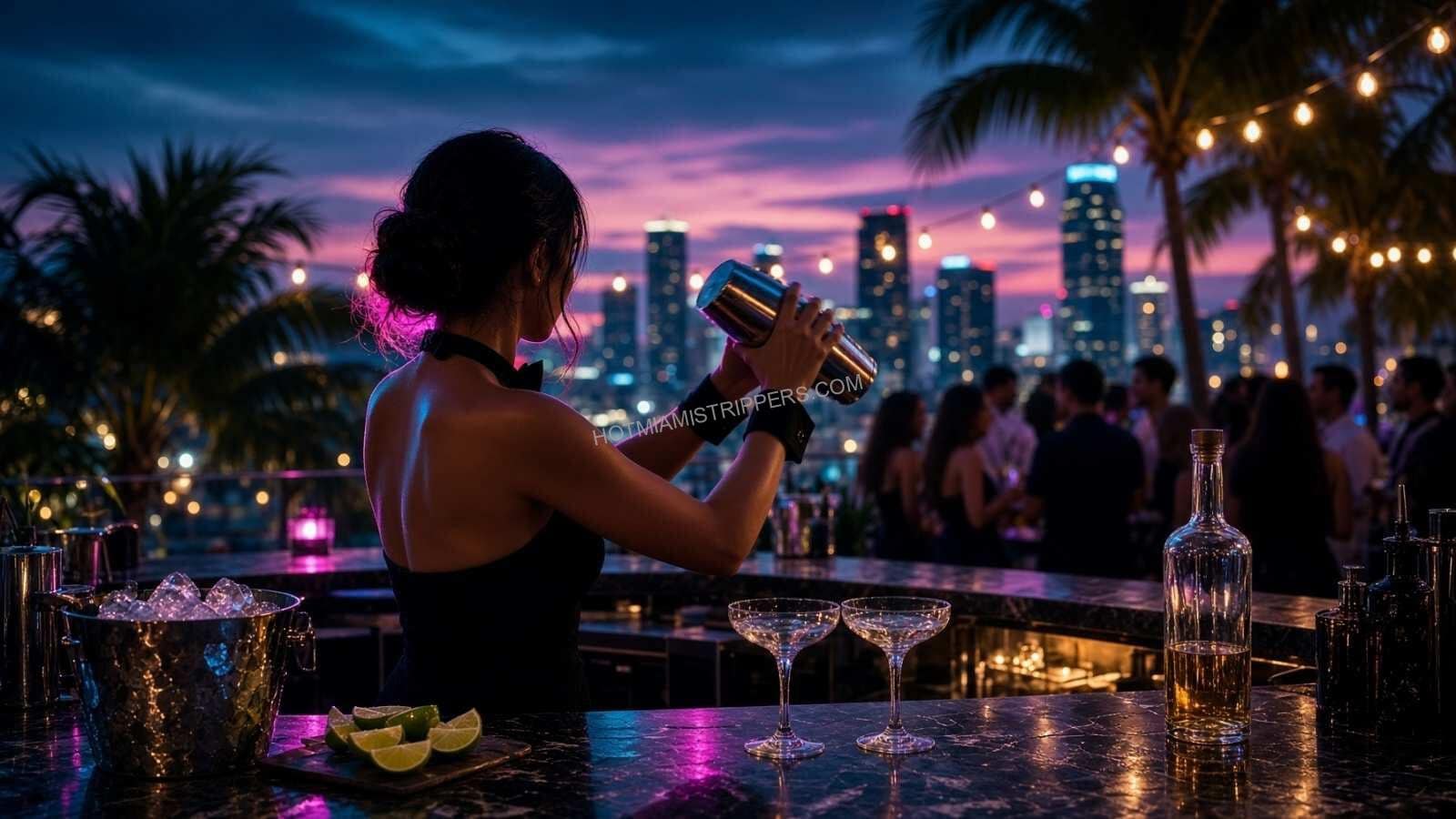 Topless bartender working a private party bar setup in a Miami condo